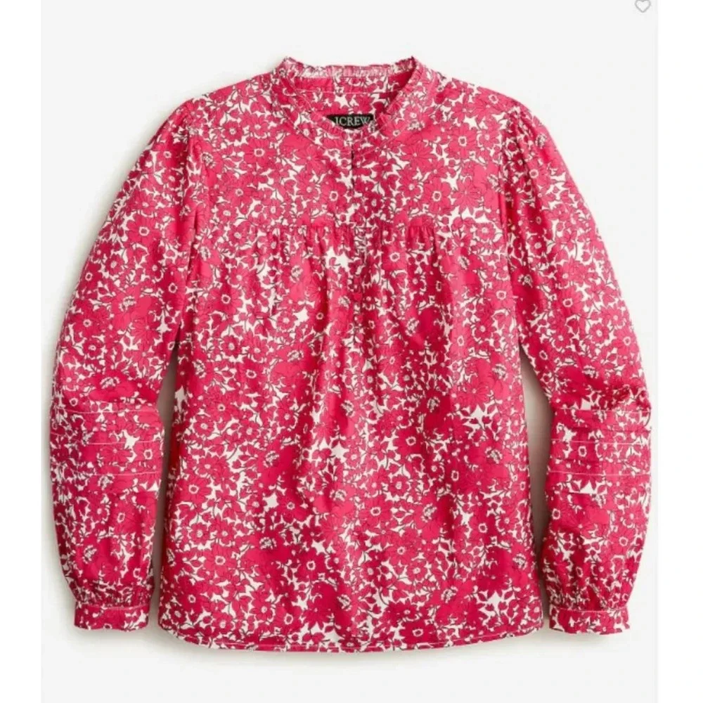 J.Crew Womens Button-Front Ruffle Neck Popover‎ Blouse Size XS Pink